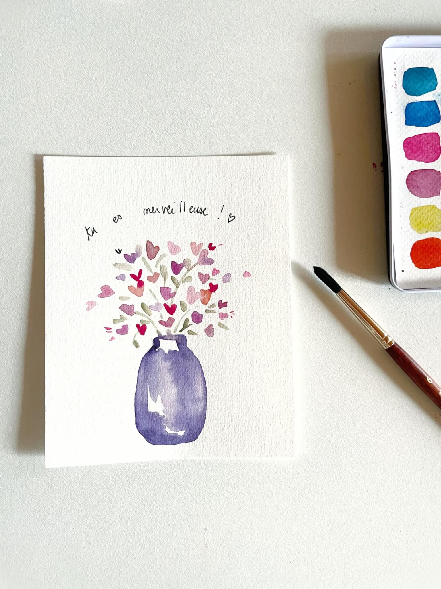 Carte vase et bouquet de coeurs peinte à l'aquarelle pour booster sa créativité et confiance en soi