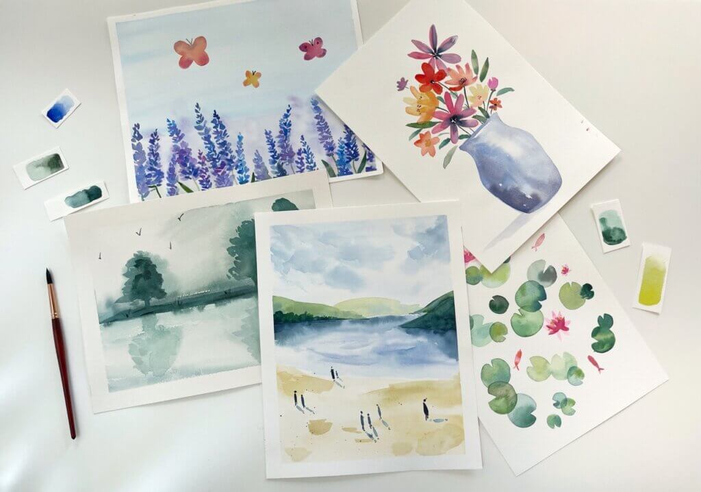 aquarelles paysages et fleurs