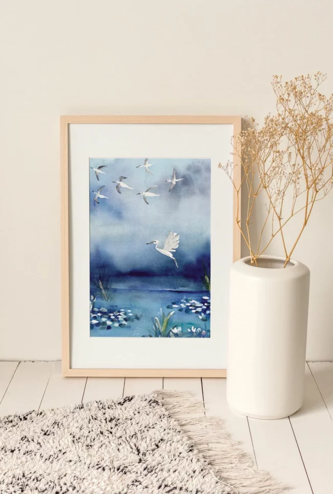 Aquarelle bord de Loire et ses aigrettes