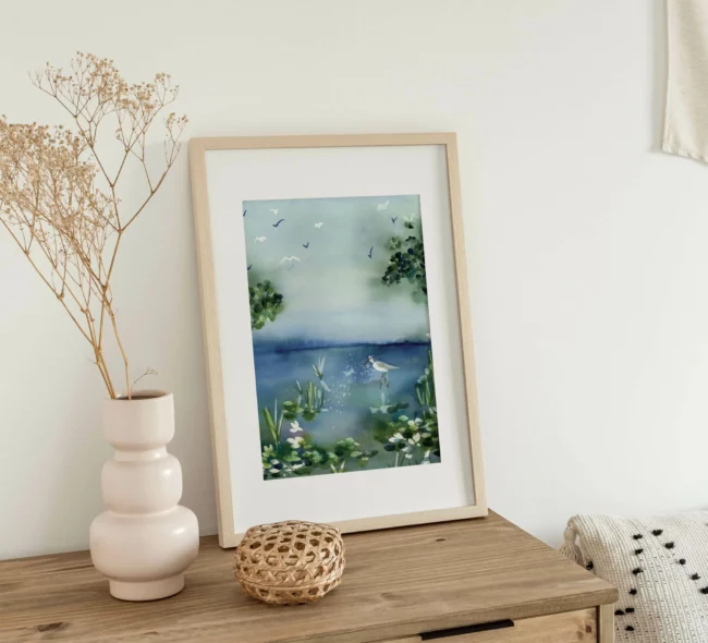 Rêverie sur le fleuve bleu- nuances de verts oiseaux copie