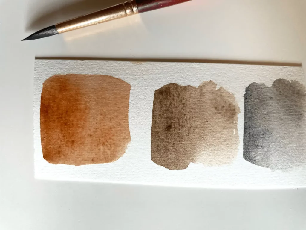 Teintes neutres aquarelle : terre de sienne brûlée, sepia coloré et gris de payne
