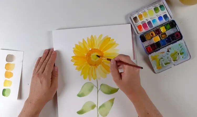 tutoriel tournesol à l'aquarelle : touche final coeur de la fleur