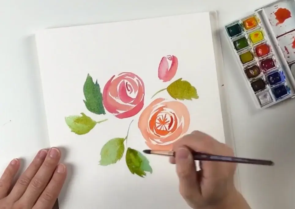 Tutoriel aquarelle rose feuilles bonjour couleurs
