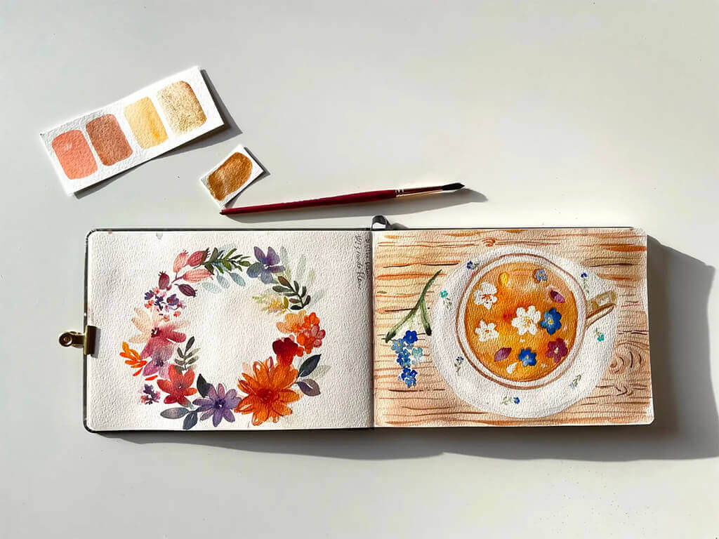 carnet aquarelle inktober thé fleuri couronne de fleurs bonjour couleurs