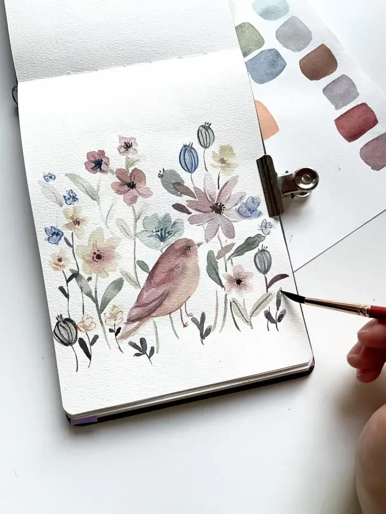 Aquarelle fleurs et oiseaux bonjour couleurs