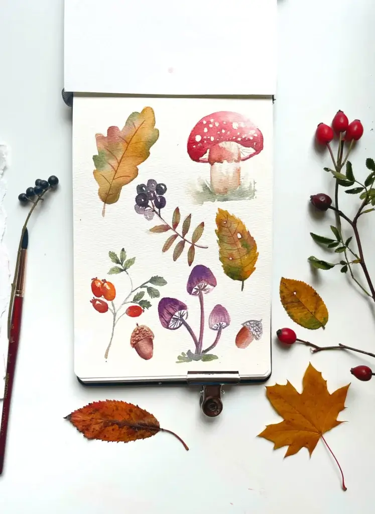 Aquarelle automne champignons feuilles bonjour couleurs