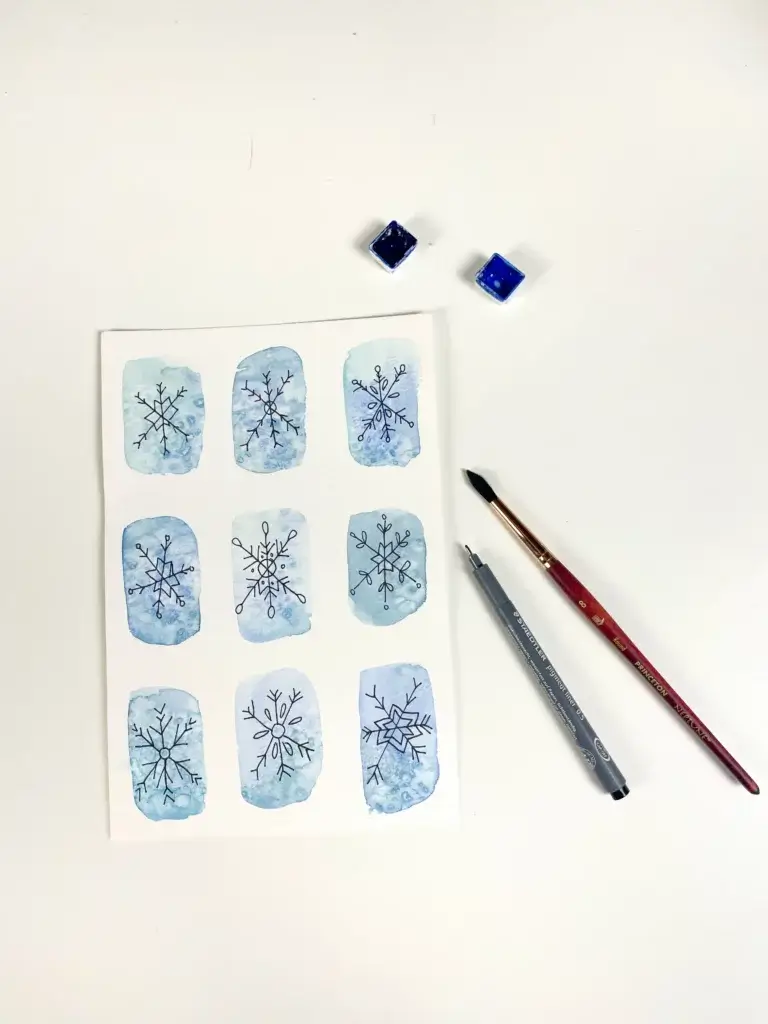 Carte aquarelle et doodle facile débutant carte de noël flocon de neige