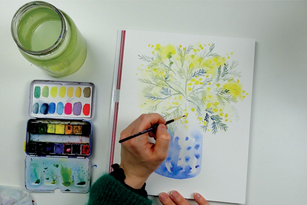 tutoriel aquarelle bonjour couleurs étape 4 Feuillages du mimosa