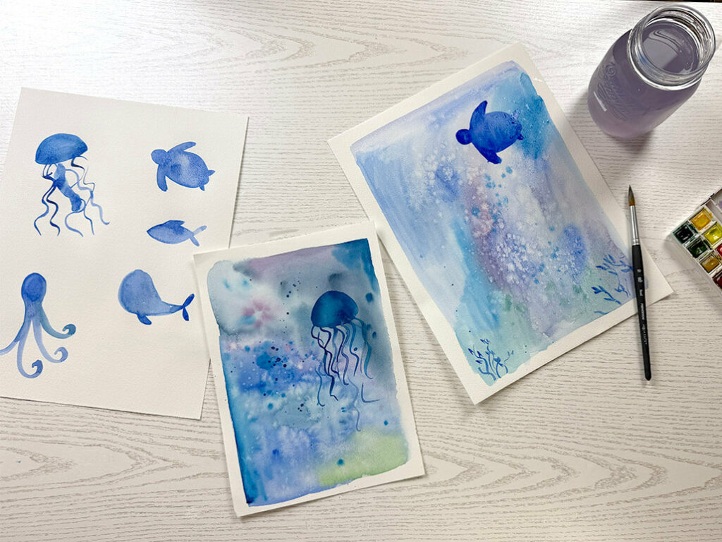 Fond marin meduse tortue aquarelle