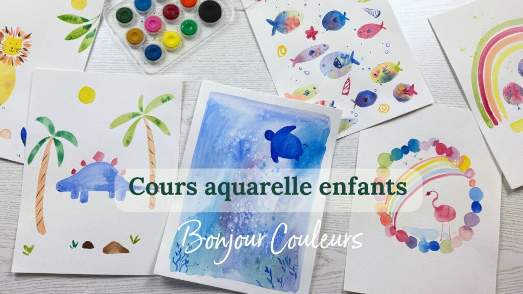 aquarelle dinosaure tortue oiseau flamant rose cours enfant bonjour couleurs
